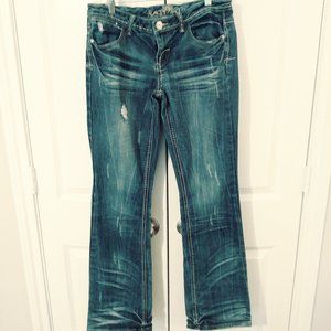 Almost Famous Jeans, size 9, medium wash distressed.